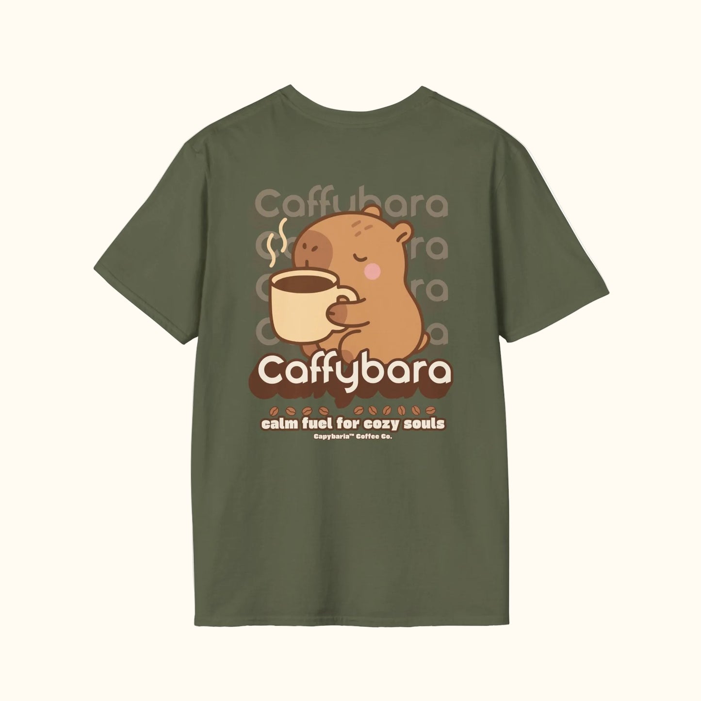 Green t-shirt with a cartoon capybara holding a coffee cup and 'Caffybara' branding on a white background.