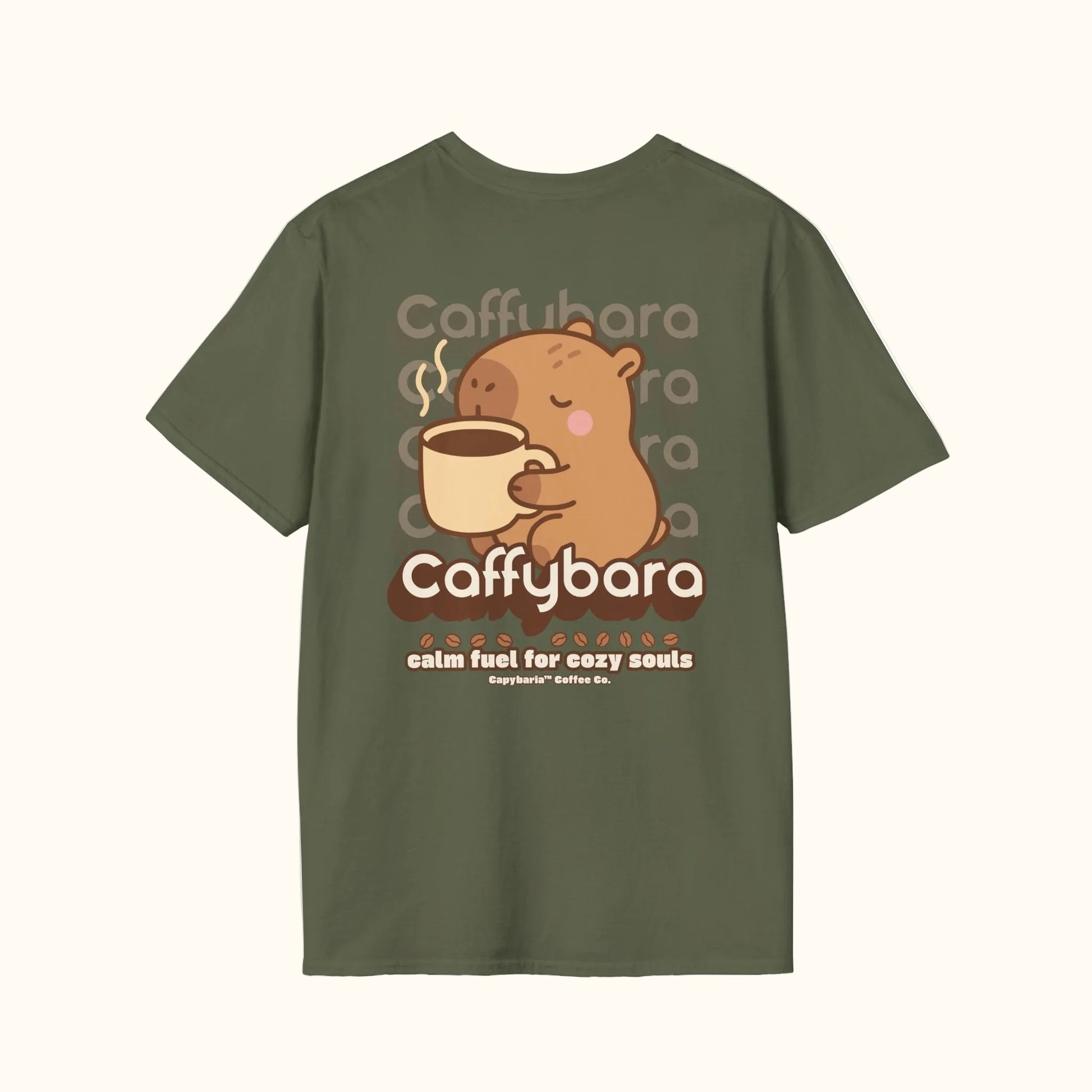 Green t-shirt with a cartoon capybara holding a coffee cup and 'Caffybara' branding on a white background.