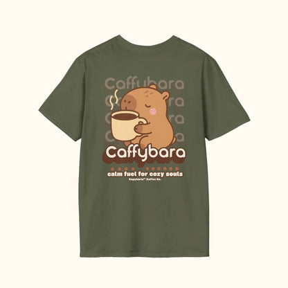 Green t-shirt with a cartoon capybara holding a coffee cup and 'Caffybara' branding on a white background.