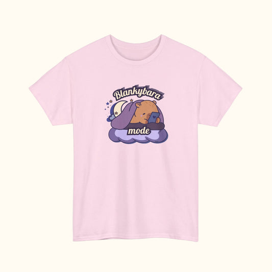 Pink t-shirt with cartoon capybara design and 'Blankybara mode' text on a white background
