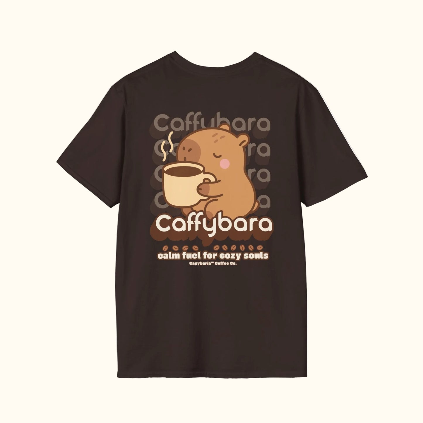 Brown t-shirt with a cartoon capybara holding a coffee cup and 'Caffybara' branding on a white background