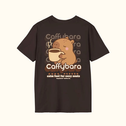 Brown t-shirt with a cartoon capybara holding a coffee cup and 'Caffybara' branding on a white background