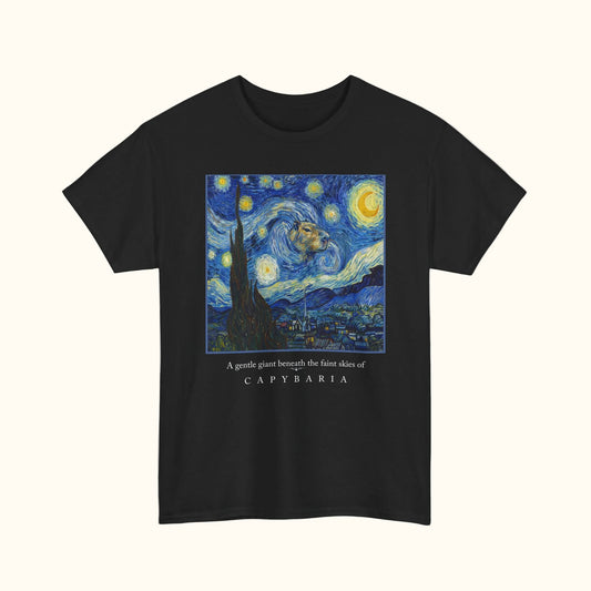 Black t-shirt with a graphic design of a capybara under a starry night sky, inspired by Van Gogh's 'Starry Night'.