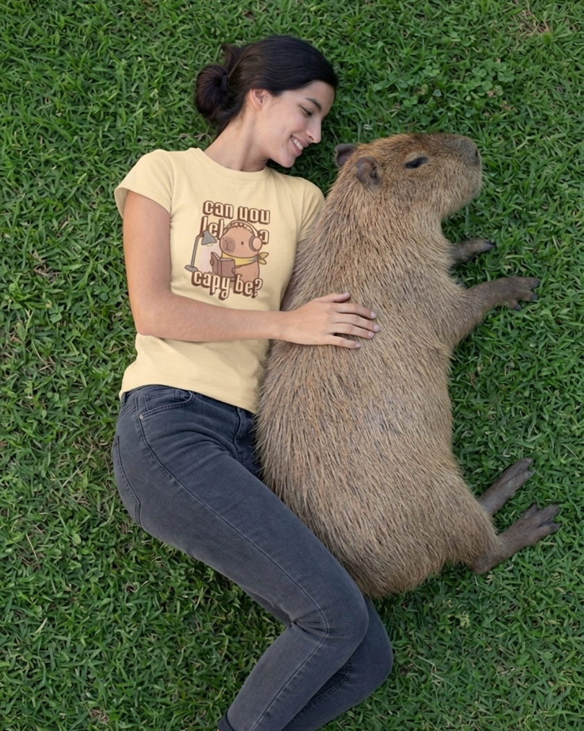 Woman lying on grass with a large capybara